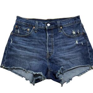 Levi’s 501 Shorts Women’s 29 Blue Denim Distressed Cutoff High Rise Button Fly